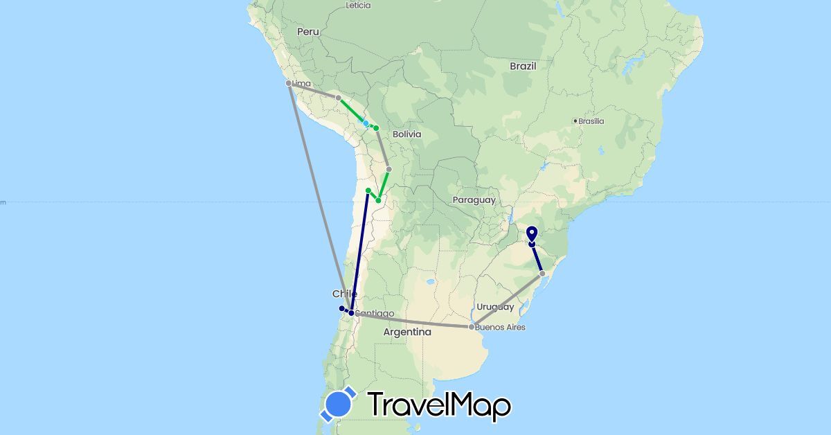 TravelMap itinerary: driving, bus, plane, boat in Argentina, Bolivia, Brazil, Chile, Peru (South America)